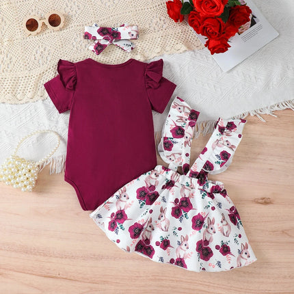 Baby girl Summer Set Solid Color Jumpsuit+Rabbit Printed Shoulder Strap skirt+Headband Set for 0-18 Months Cute Female Babies