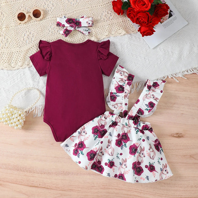 Baby Girl Summer Set Solid Color Jumpsuit + Rabbit Printed Shoulder Strap Skirt + Headband Set for 0-18 Months Cute Female Babies