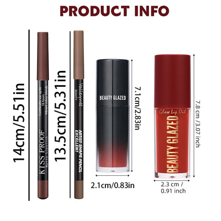 4Pcs/Set Velvet Lip Combo Set Matte Lip Liner Lipstick Lip Oil Nude Lip Gloss Long-lasting Waterproof Lip Look Lip Makeup