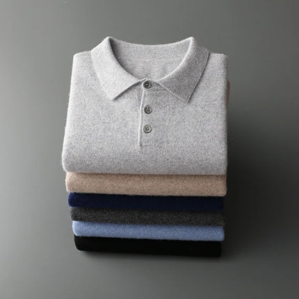 Men's POLO Collar Knitted Pullover Sweater 100% Cashmere Long Sleeved Shirt Casual Business Solid Color Men's Tops Autumn Winter