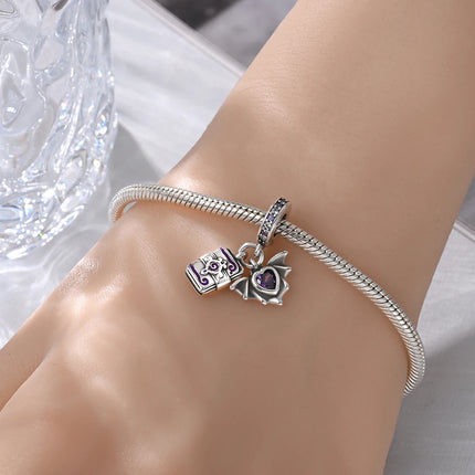 925 Sterling Silver Inlaid Heart-Shaped Beads & Rose Dangle Charm Fits Snake Bracelet Boutique Necklace Purple Pendant Gift