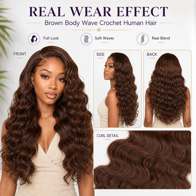 Brown Body Wave Crochet Human Hair Miracle Knots Pre-Looped Soft Lightweight Natural Blend Extensions For Black Women Easy Wear