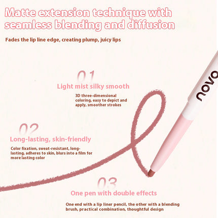 NOVO Waterproof lip liner with a matte finish Easy to apply, long-lasting and smudge-proof Defines full lips