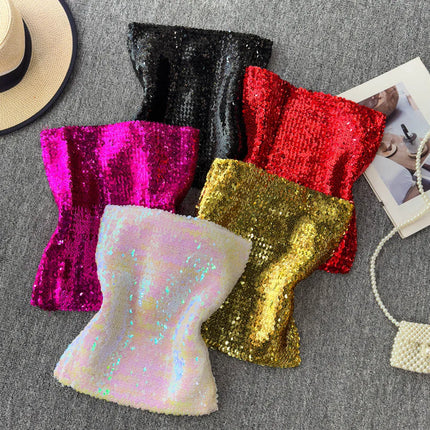 Elastic Slim Fit Stage Performance Outfit Heavy Sequin Wrap Chest Vest Tube Top in Pink Versatile Sexy Commute Sle ort Sl...