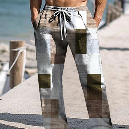 Plaid Color Block Men's Resort 3D Printed Casual Pants Trousers Elastic Waist Fit Straight-Leg Pant Summer Beach Pants