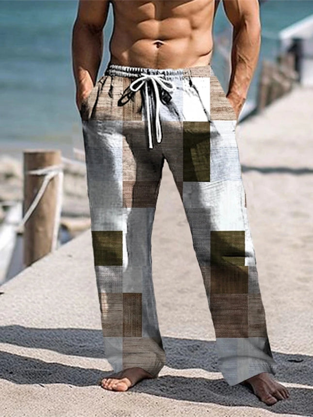 Plaid Color Block Men's Resort 3D Printed Casual Pants Trousers Elastic Waist Fit Straight-Leg Pant Summer Beach Pants