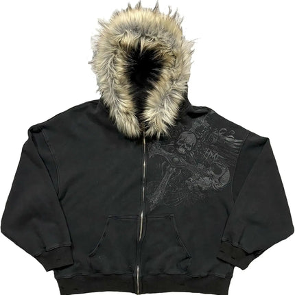 2000s Vintage Therian Fur Hood Jacket Y2k Goth Zip Up Hoodie Oversized Graphic Sweatshirt Emo Grunge Streetwear Fall Winter 2025