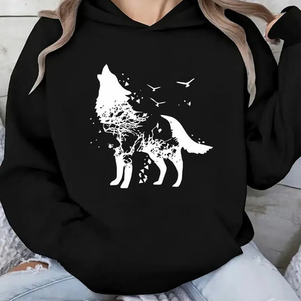 2025 Autumn and Winter Women's Wolf Pattern Hoodie Casual Black Pullover White Wolf Pattern Casual Hoodie Comfortable Graphic