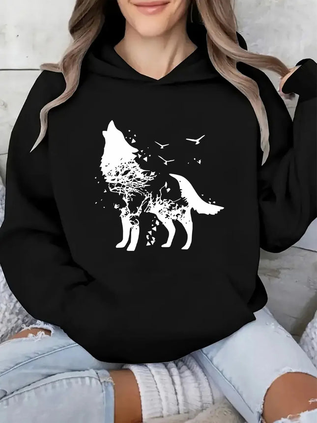 2025 Autumn and Winter Women's Wolf Pattern Hoodie Casual Black Pullover White Wolf Pattern Casual Hoodie Comfortable Graphic