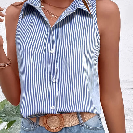 Plus Size 2025 Casual Women Blue Striped Sleeveless Shirt Oversize Breathable Female Clothing Office Lady Summer New Arrival Top