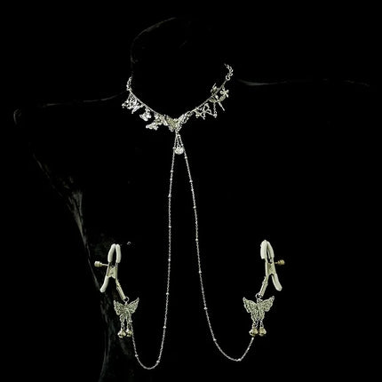 Silver Butterfly Bell Nipple Clamps Pearl Collar Body Chain Detachable Integrated Design Sexy Accessories SM Training Sex Toys