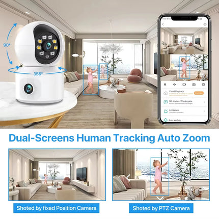 6MP iCsee WiFi IP Camera Dual Lens Dual Screen PTZ Auto Tracking Home Security Camera Baby Monitor CCTV Video Surveillance Cam