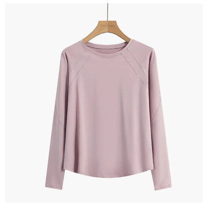 DRUR Women Long Sleeve Yoga Shirt Quick Dry Breathable Workout Top O-Neck Lightweight Pilates Running Tee Activewear Gym Clothes