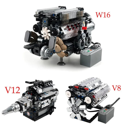 Simulation Scale Cars W16 Engine Model Building Blocks with Motor Driven V8/V12 10088/10131 Assembly Ornaments MOC Bricks Gifts