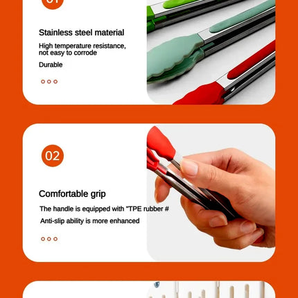 Anti Slip Cooking Serving Tongs Stainless Steel Food Clip Bread Salad Tong Heat-Resistant Barbecue Clips Kitchen Cooking Tool
