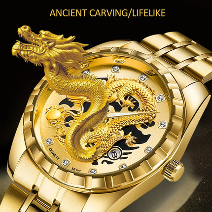 WLISTH Men's Watch 3D Golden Dragon Original Quartz Watch for Men Dragon Dial Waterproof Luminous Date Stainless Steel Watches