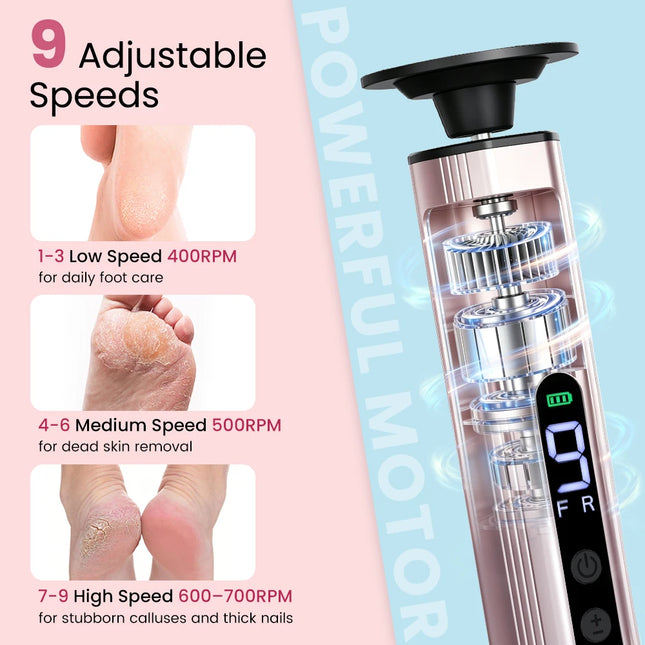 New Electric Foot Callus Remover 9-Speed LCD Rechargeable Foot Care File Dead Skin Remover Pedicure Tool Set 20PCS Sandpaper