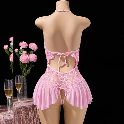 Pink Delicate Lingerie With Skirt Hem Front Buckle Bra And Panty Crotchless Set Women Drees Halter-neck Backless Sexy Underwear