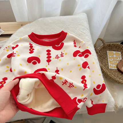Toddler Boy Causal Warm Children Long-sleeve Fit Plush Sweater Fall Winter Outwear Kid Girl Crew Neck Thicken Knitted Sweatshirt
