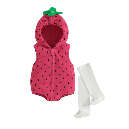 Baby Girls Romper Sleeveless Hooded Strawberry Seed Print Infant Bodysuit with Socks Cosplay Halloween Clothes