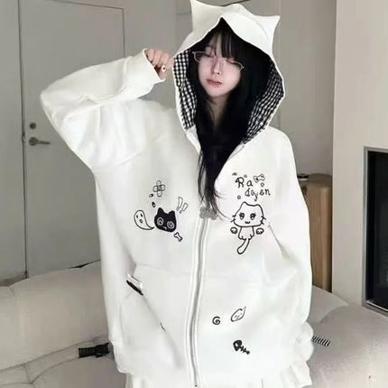 Gothic Y2k Coats Harajuku Gothic Women Hooded Zip Up Patchwork Japanese Fashion Sweatshirts Slim Gyaru Grunge Autumn Jackets