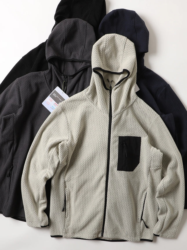 Warm Fleece Outdoor Hooded Open Cardigan Sweatshirt Sporty Casual Wave Patterned Men's Jacket Youth Winter Leisure Wear