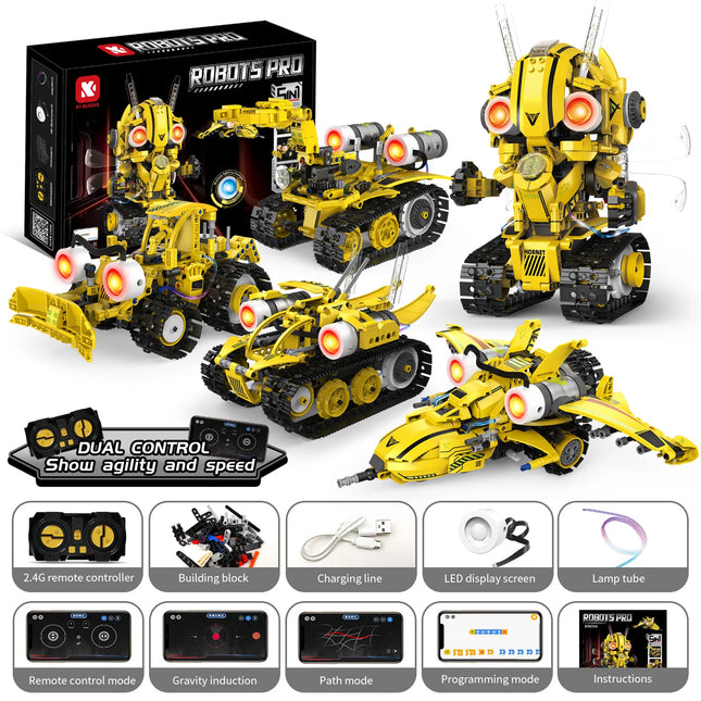 5-in-1 Programmable Robot Building Blocks Kit Remote/APP Control Digital Display Color Sensor STEM Toy for Kids Adults