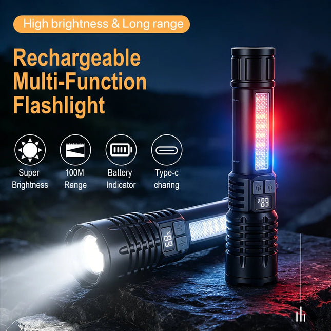 BORUiT Powerful LED Flashlight 18650 Handheld Flashlight Type-C Rechargeable Zoomable Torch with Digital Display Outdoor Torch