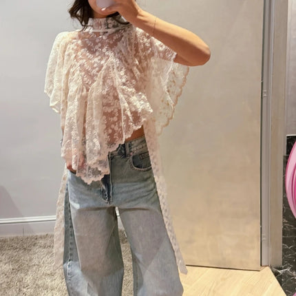 Women Summer Flower Embroidery Lace Sheer T-Shirt Irregular Triangle Ruffled Hem Capes Flutter Sleeves High Neck Top