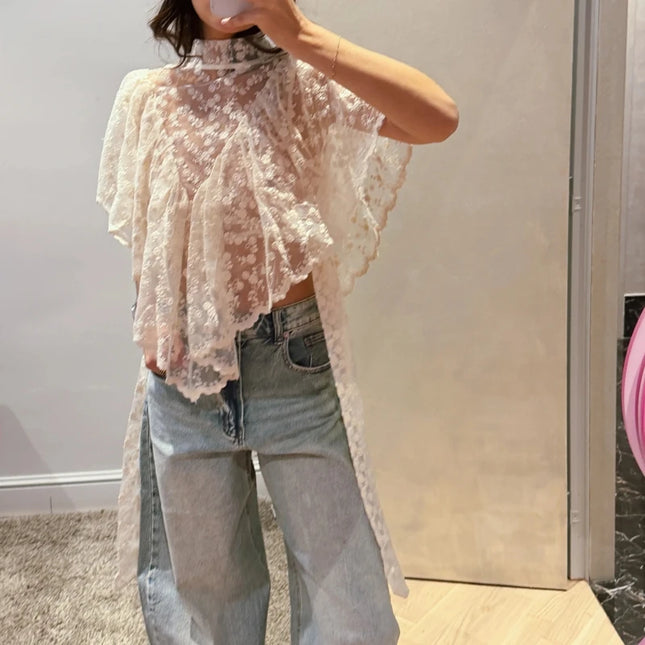 Women Summer Flower Embroidery Lace Sheer T-Shirt Irregular Triangle Ruffled Hem Capes Flutter Sleeves High Neck Top