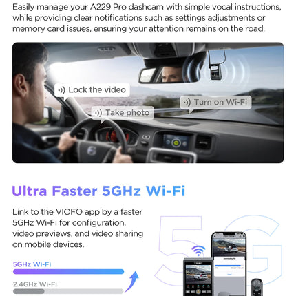 VIOFO A229 PRO Dashcam Front and Rear 4K+2K HDR Dual Dash Cam with Sony STARVIS 2 Sensors Super Night Vision Voice Control