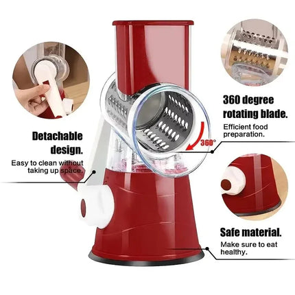 3 in 1 Rotary Vegetable Slicer Multifunctional Handheld Grater with 3 Sharp Rollers Cheese Shredder Kitchen Tool