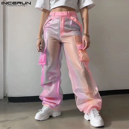 INCERUN 2025 Men Pants Mesh Gradient Button Oversize Pockets Straight Trousers Men Joggers Streetwear Joggers Fashion Long Pants