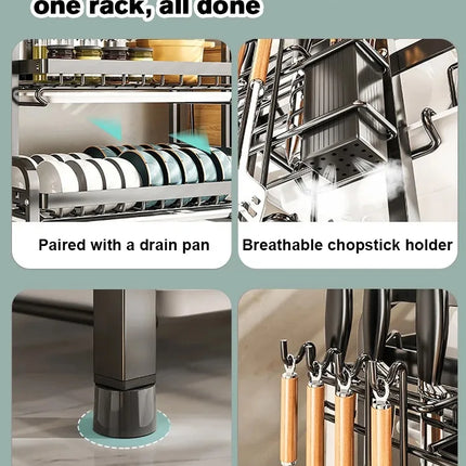 Dish Drying Rack 2-Tier Compact Kitchen Dish Rack Drainboard Set Large Rust-Proof Dish Drainer with Utensil Holder