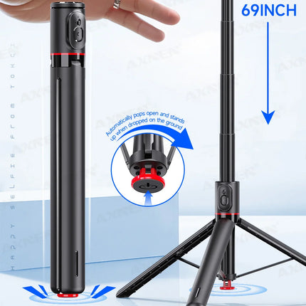 Auto Pop-Up Tripod Portable 70-Inch All-in-one Selfie Stick, Foldable Phone Holder with Bluetooth Remote for iPhone Android