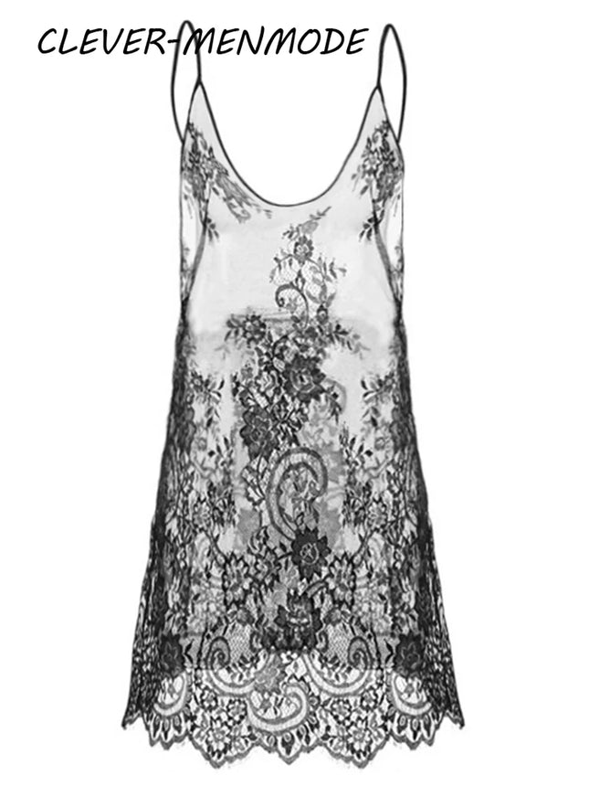 Lace Cut-Out Dress Nightdress Transparent See-Through Mesh String Breathable Ultra-Thin Underwear Home Sleep Bathrobe Clothing