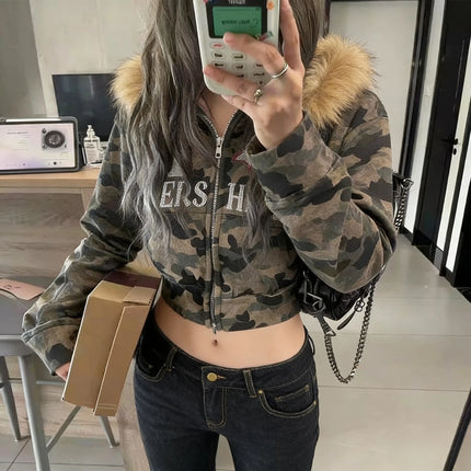 New Retro Oversized Printed Fur Collar Jacket Gothic Streetwear Skull Hoodie Y2K Women Hip Hop Harajuku Winter Hooded Sweatshirt