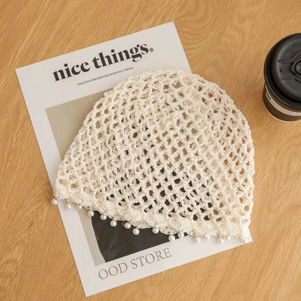 Retro Ethnic Hollow Knit Head Wrap Hat Sequins Pearl Fringe Tassel Crochet Beanie Bohemian Breathable Summer Women Pullover Cap