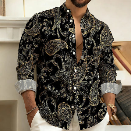 2026 New Men's Long-Sleeved Shirt with Paisley Cashew Pattern Print, Vintage, Comfortable, and Stylish Casual Men's Lapel Top