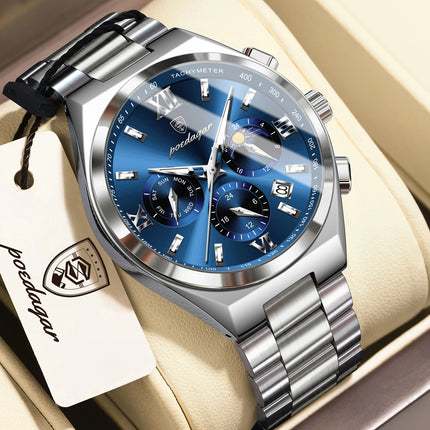 POEDAGAR Fashion Functional Men's Wristwatch Luminous Week Date Business Watch For Men Stainless Steel Sports Men's Quartz Watches