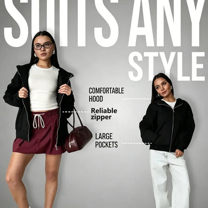 Women Oversized Zip Up Hoodie Solid Black Loose Full Zipper Hooded Sweatshirt Casual Pocket Streetwear Soft Thick Hooded Jacket