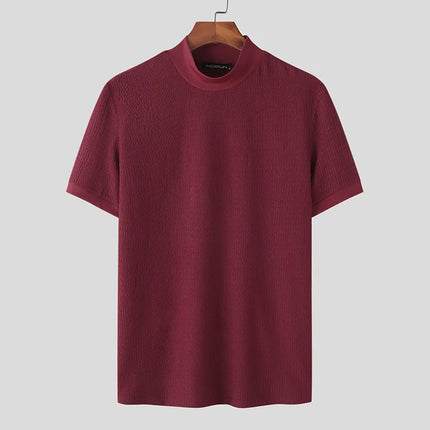 New Summer Fashion Tight T-shirt Casual Streetwear Textured High-neck Solid Color Short-sleeved Bottoming Tees Korean Style Tops