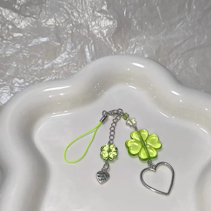Y2K Lucky Four Leaves Clover Heart Key Ring Green Leaf Star Key Chain Cases for Phone Camera Korean Cute Beaded Couple Keychain