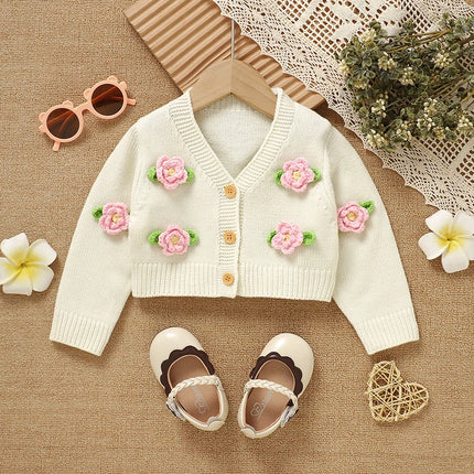 1-3Y Baby Girls Sweaters Cardigans Cute Floral Knit Toddler Kids White Jackets Tops 1-3Y Long Sleeve Button Up Infant Chid Coats