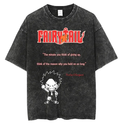 FAIRY TAIL Anime Manga Peripherals T-shirt Natsu Lucy Happy Gray Graphic Print Washed Vintage Short Sleeve Men Women Cotton Tee