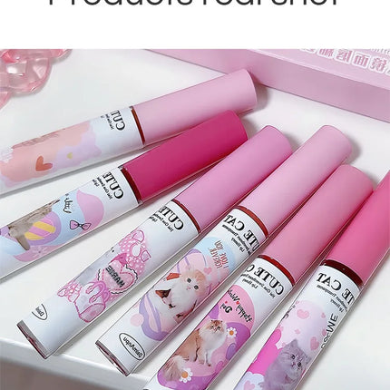 Cute Cat Fun Mirror Lip Glaze Set 6 Colors Highly Pigmented Lip Stain Hydrating Glossy Lip Makeup Perfect Gift