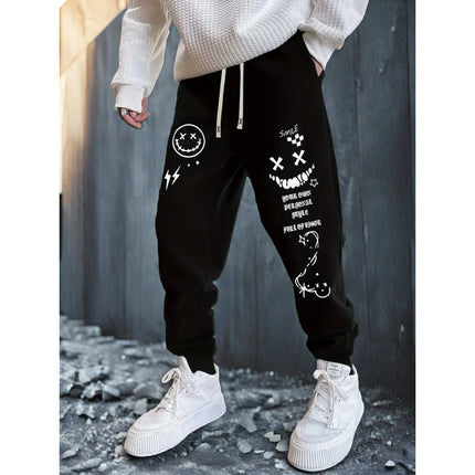 Autumn New Men'S Creative Smiley Face Personalized Letter Pattern Printed Casual Jogger Sweatpants With Drawstring Waist