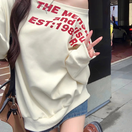 Sexy Oversize T-shirt Women Streetwear Letter Print Skew Collar Off Shoulder Long Sleeve Basic Top Korean Fashion Loose T-shirt