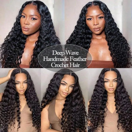 Curly Human Crochet Hair For Black Women Deep Wave Crochet Human Hair Bundles 14 Inch 120G Pre-Separated Feather Crochet Human Hair Deep Wavy Invisible Crochet Hair Extensions Natural Color