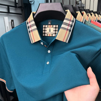 High-end silky cotton breathable short-sleeve polo shirt men's summer new trend plaid lapel designer brand casual golf T-shirt